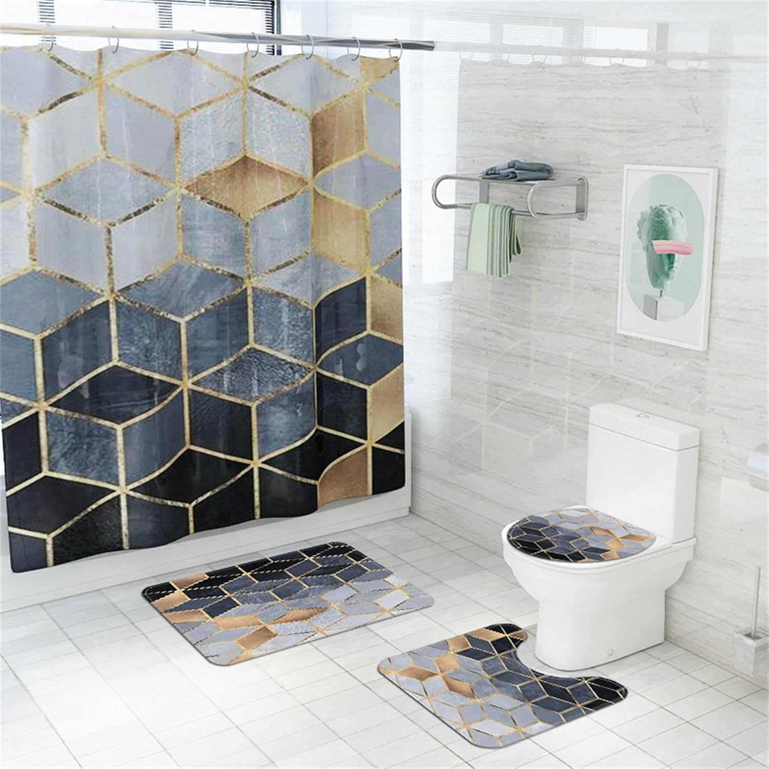 人気が高い Sets Curtain Shower Piece 4 Greeeen With An Cover Lid Toilet Rugs Non Slip シャワーカーテン Proksi Si