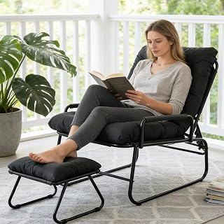 Relaxsessel Outdoor, 4-Fach Verstellbare Rückenlehne, Relaxsessel mit Hocker bis 150 kg, Liegesessel Garten mit Abnehmbarem Kissen, Loungesessel für Balkon, Garten, Wohnzimmer (Grau)