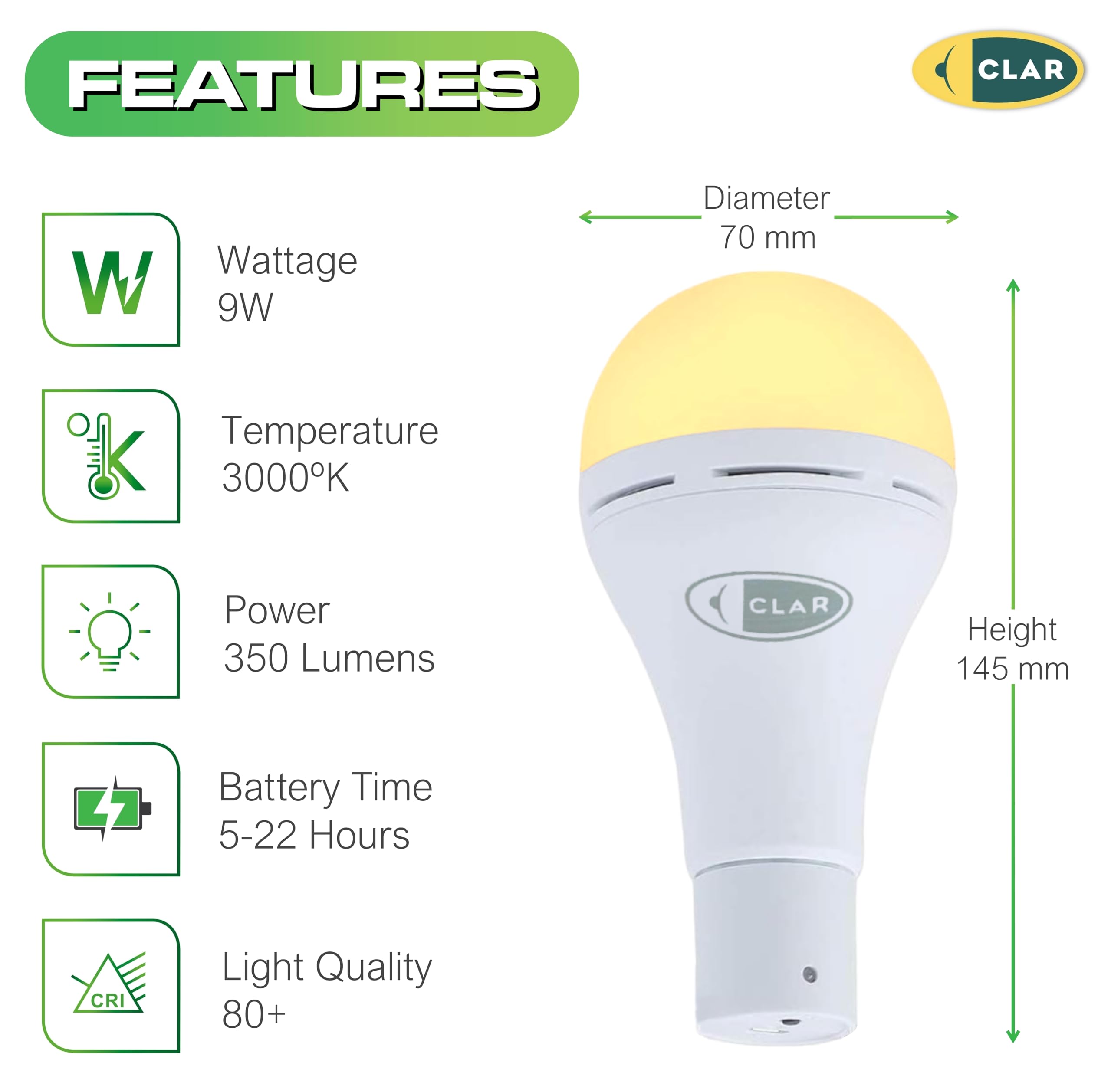 CLAR - Lampadina LED Ricaricabile USB, Portatile, 9W Luce Calda (Pack 3)