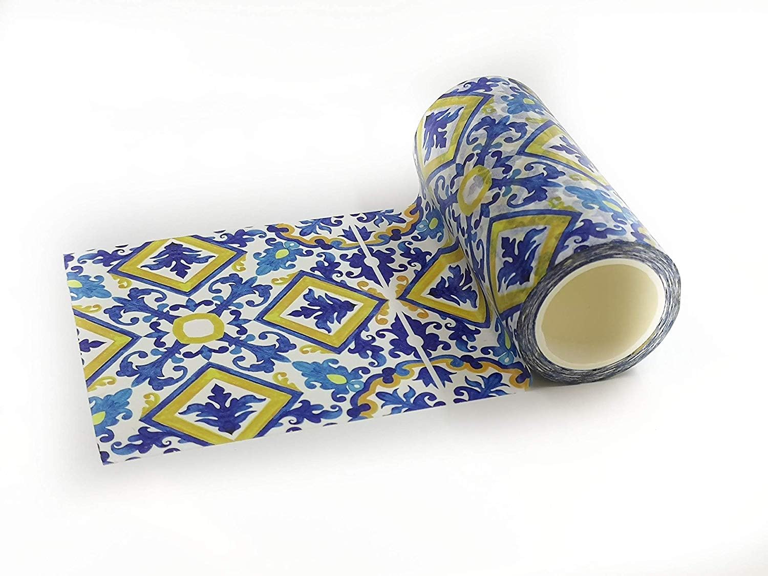 Serenity Fair Washi Tape – Mediterranean Tile Pattern, Extra Wide 4 Inch Scrapbook Supplies for Scrapbooking, Journaling, Stickers, Craft Paper, and DIY Scrapbook Tape Roll (Portuguese Yellow Blue)