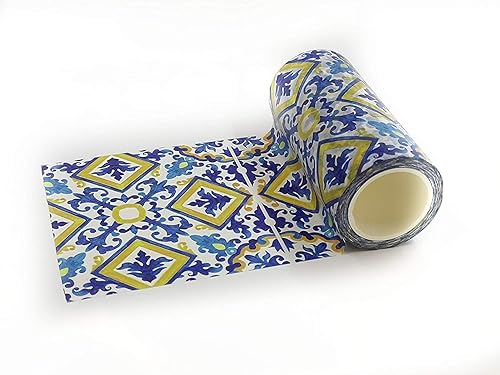 Serenity Fair Cinta Washi con patrón de azulejos. Cinta Washi con patrón de azulejos italianos mediterráneos, extra ancho de 4 pulgadas3.9 in