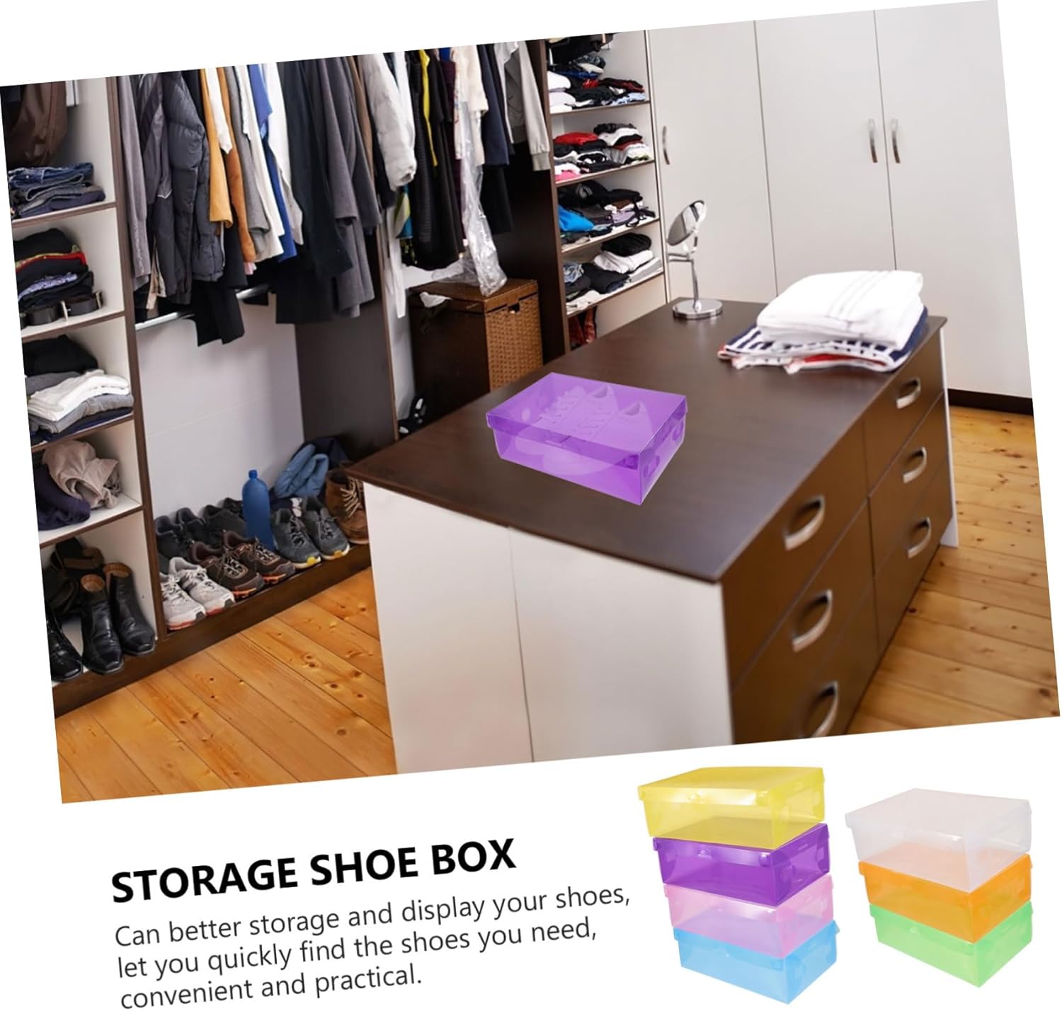 Cabilock 7pcs Stackable Plastic Shoe Organizer Shoe Storage Boxes for Closet Sneaker and Boot Containers with Lid Space Saving Design Women Shoes