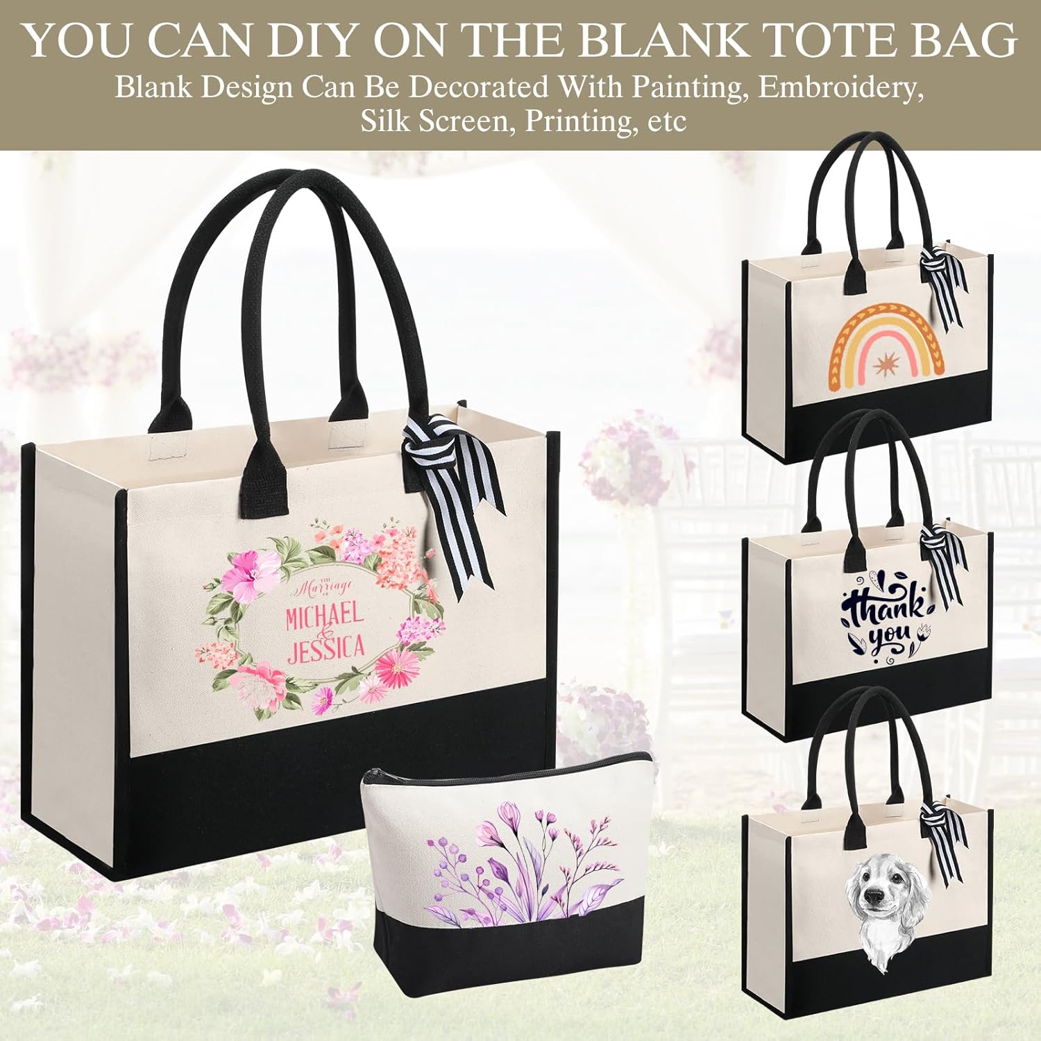 Sanwuta 10 Set Canvas Tote Bag with Inner Zipper Pockets and Makeup Bag Bulk Christmas Birthday Teacher Appreciation Gifts for Women Bridesmaid Mother