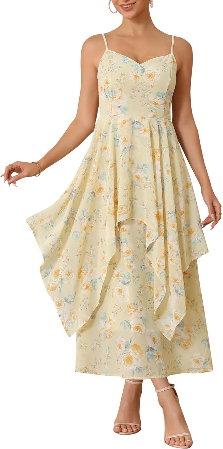 Women's Floral Dress Chiffon Summer Flowy Ruffles Tiered Spaghetti Strap Sundress
