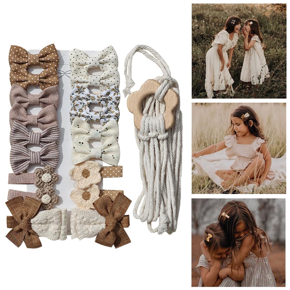 Pinzas para el pelo para niñas con lazo de flores, 19 piezas de pasadores de lino hechos a mano, accesorios para el cabello para niños pequeños, con un soporte y organizador para colgar lazos para el