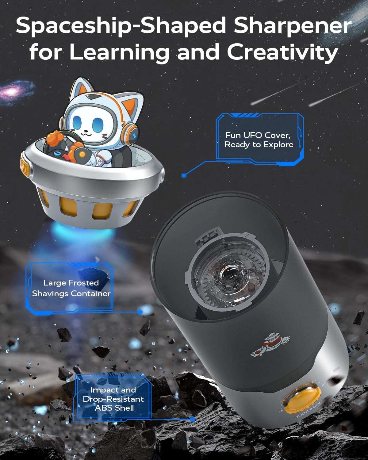 JUPITEARTH Electric Pencil Sharpener for Kids Hands-Free Rechargeable Auto in Out Spaceship Fully Automatic Pencil Sharpener Fits 6 — view 5