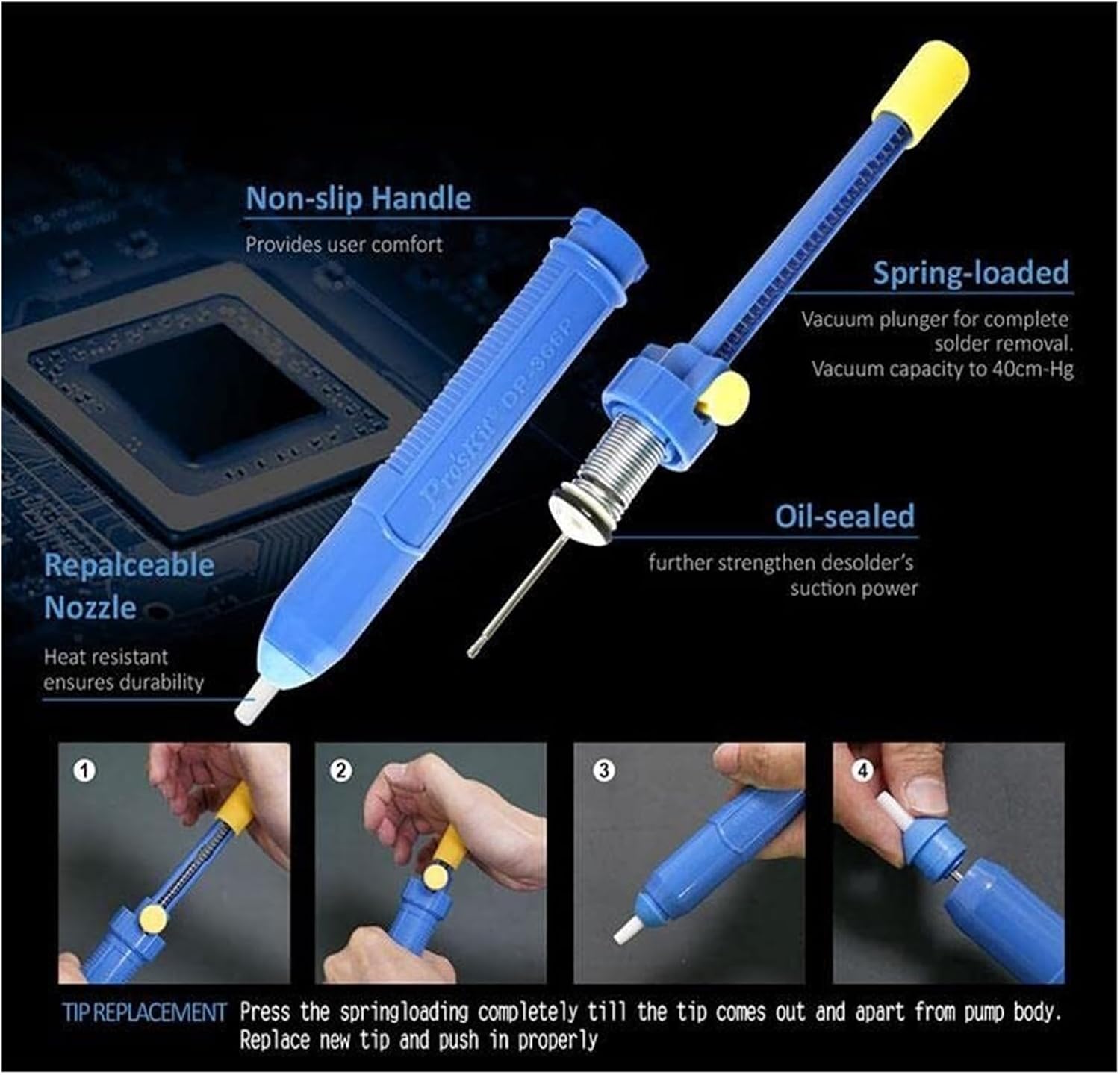 Handheld Tin Absorbing Pump for Solder Residue Removal – High-Vacuum Desoldering Tool with Replaceable Tip and Anti-Slip Grip