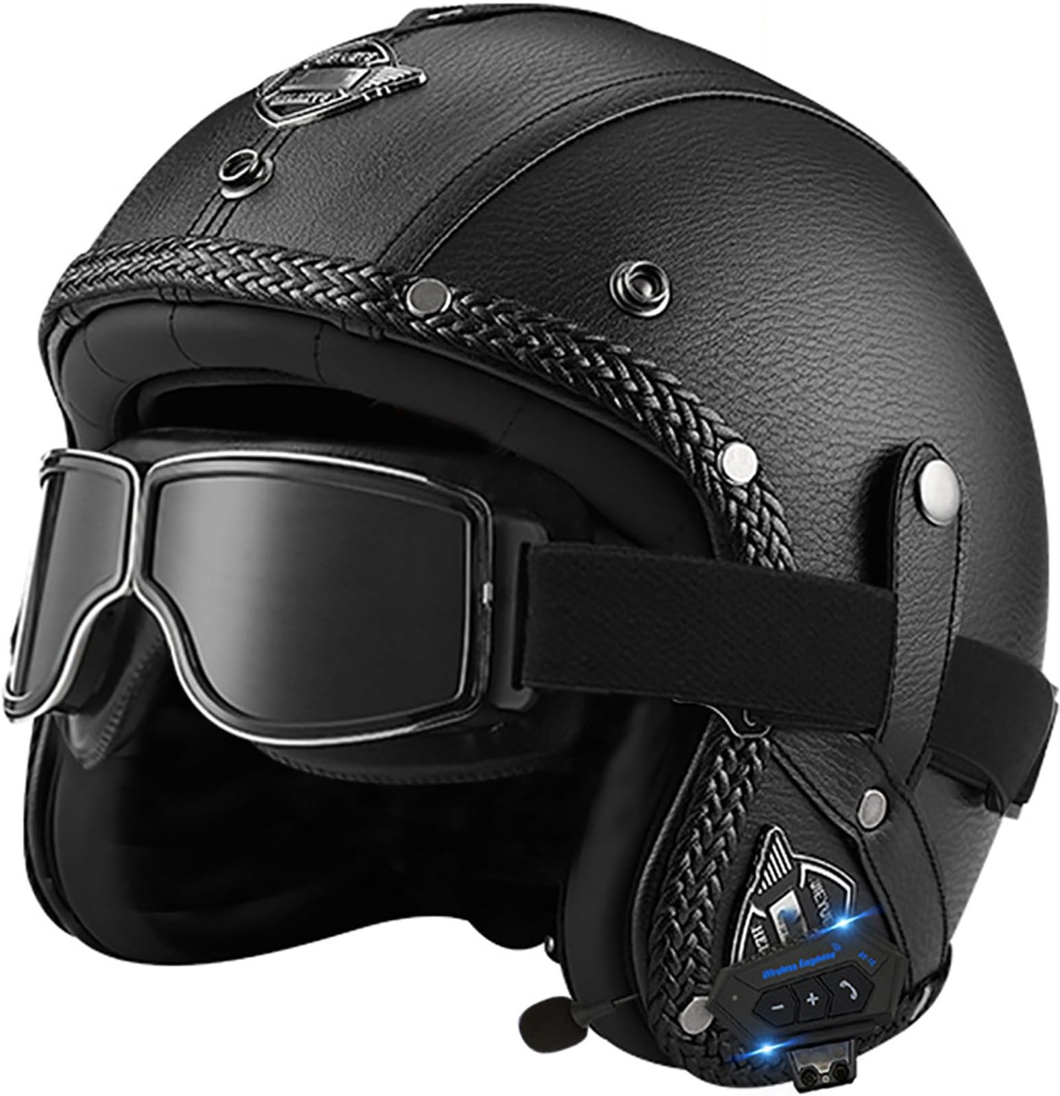 Retro Open Face Motorbike Helmet with Bluetooth, Leather Jet Helmet with Personalized Goggles, DOT Approved 3/4 Motorcycle Half Helmet, Crash Helmet for Adult Men and Women
