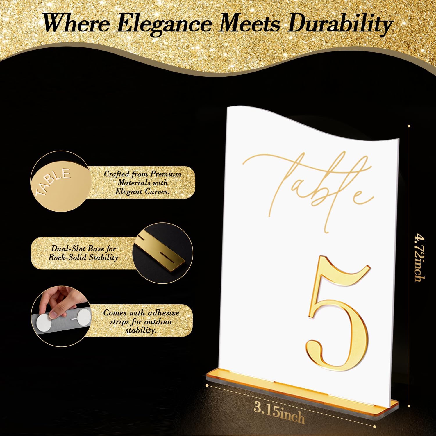 Gold Mirrored Acrylic Wedding Table Numbers Set, Self-Standing Modern Arched Signs for Reception Seating, Anniversary & Bridal Shower, Elegant Wedding Decor (5x7 Inches)