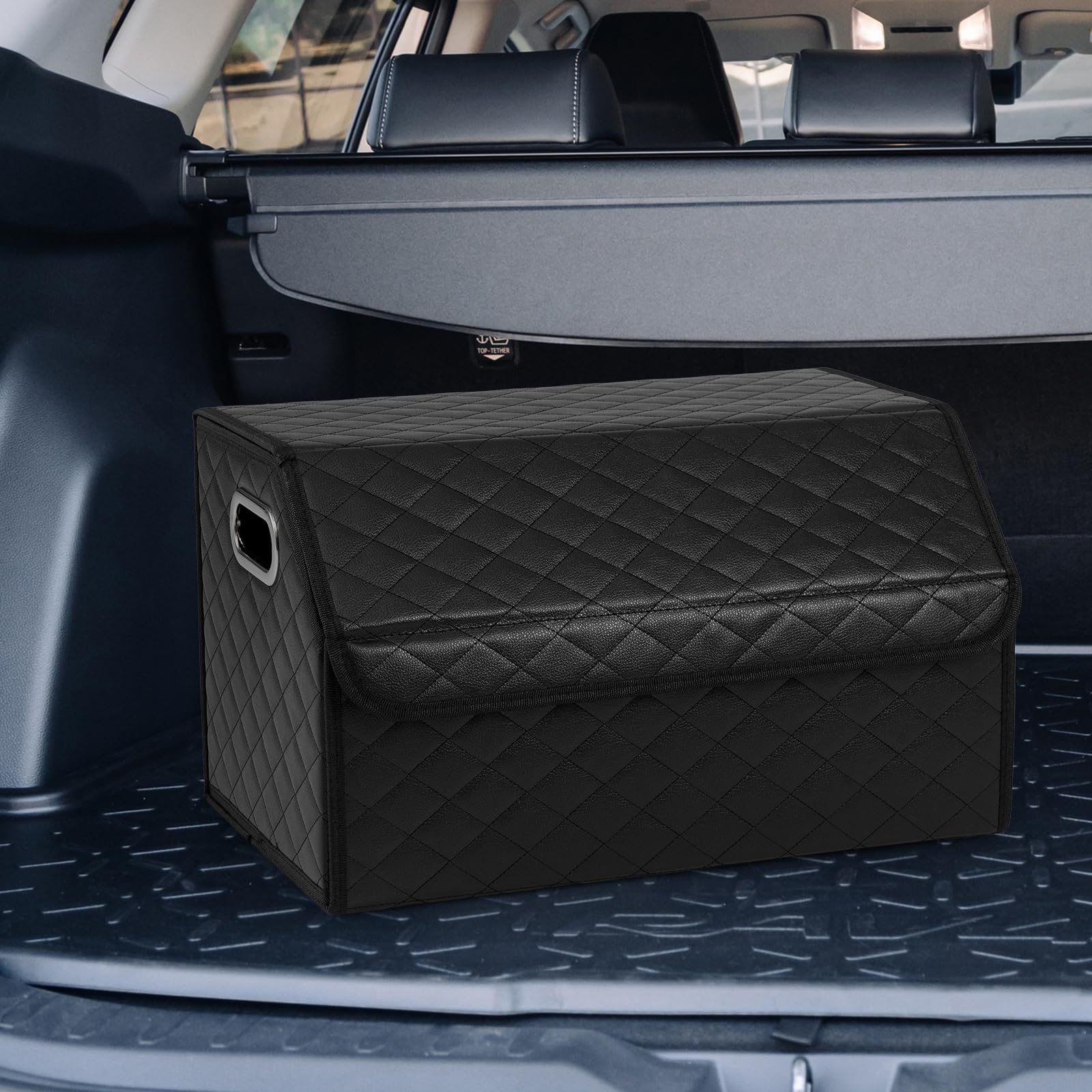 GOPLUS Rangement Coffre de Voiture, Organisateur Coffre Voiture avec Couvercle et Séparateur Amovible, Grande Capacité de Stockage, Poignée Intégrée, pour SUV, Camion, Camping (Noir Carreaux,35L)