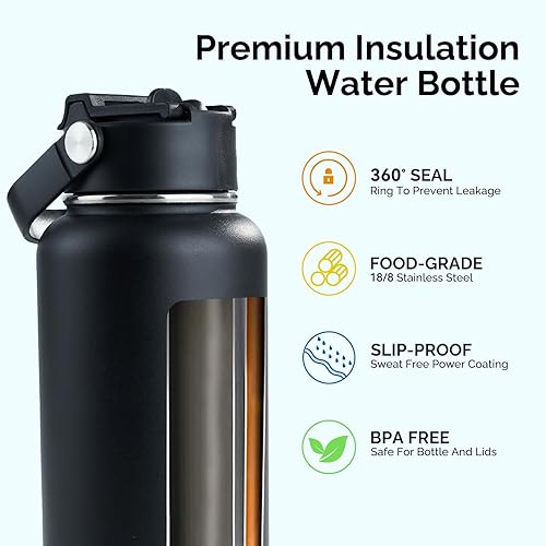 Miniatura 5 de Botella de agua aislada de acero inoxidable, 40 onzas, doble pared aislada al vacío, botella de agua a prueba de fugas con popote de silicona, tapa