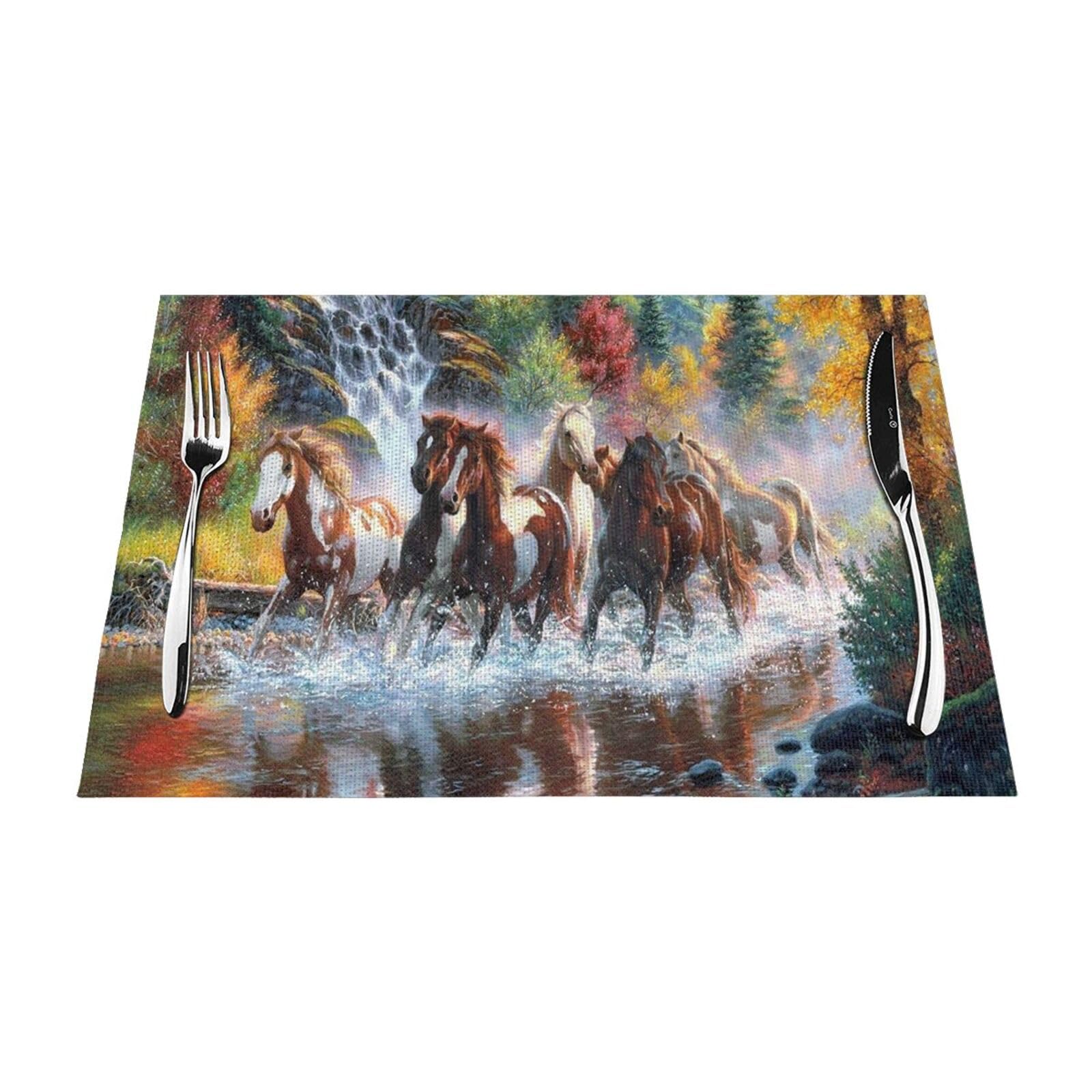 PVC Placemat Set of 6 PCS, 45x30 CM, Horses Running Printed Non-Slip Heat Resistant Place Mats for Kitchen Dining Table Indoor Outdoor