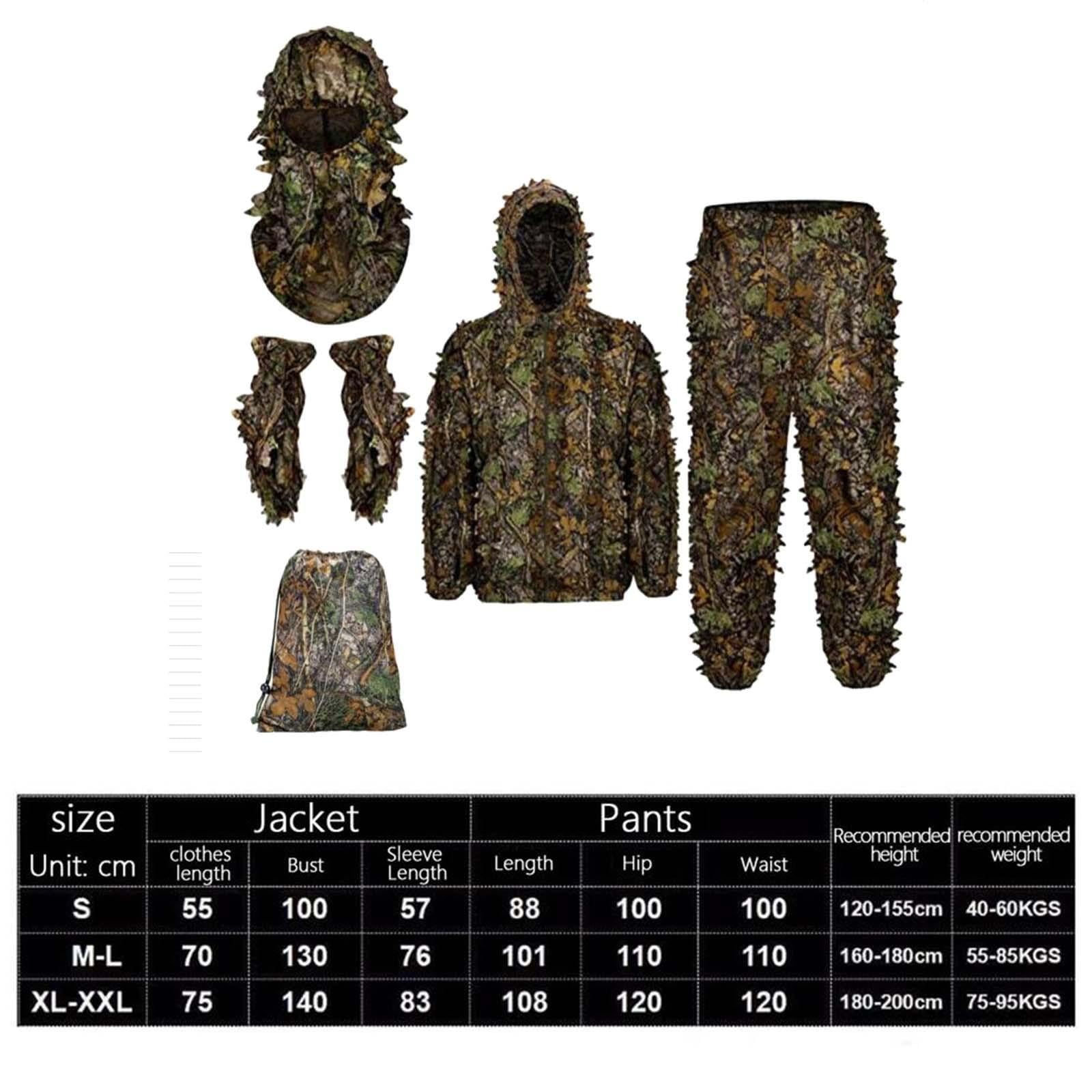 Milageto Ghillie Suit Set Woodland Camouflage 3D Leafy Hunting Costume for Outdoor Game, M L
