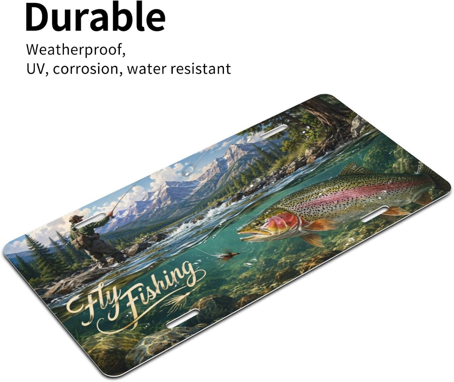 Fly Fishing License Plate - 6x12 Inch Aluminum Novelty Decorative Vanity Metal Front Car Plate for Women Men