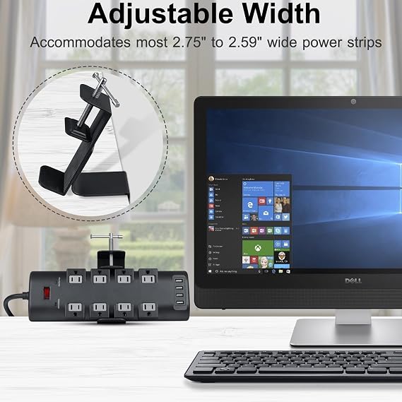Desk Clamp for Power Strip - Removable Holder for Desk Edge - Sturdy Table Mount - Fits 2.55 to 4.13 Width - Black