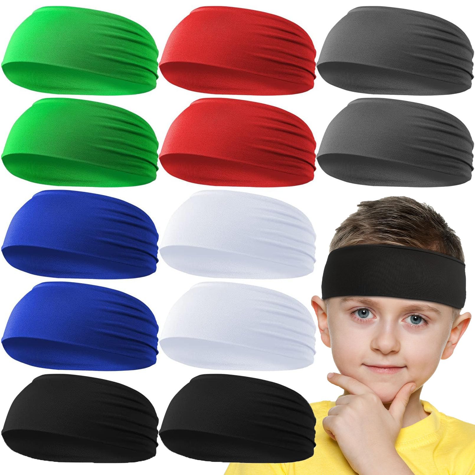 Jeffbaubl 12 Pieces Kids Athletic Sweatbands, 6 Colors Boys Headbands, Boys Sports Headbands, Soft Athletic Headband, Kids Sweatbands, Wicking Elastic Hairband for Girls Boys Toddler Children