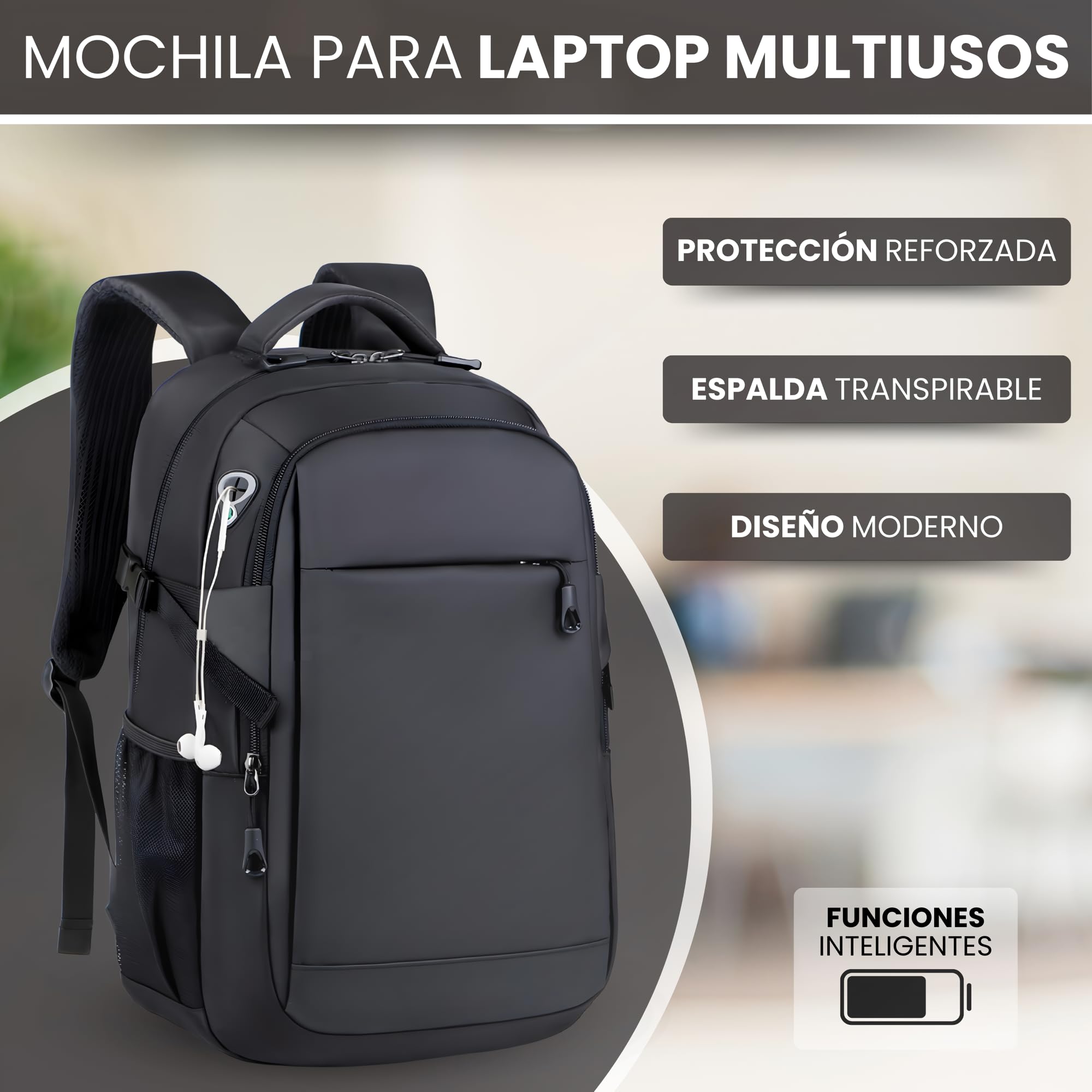 ALTOS OFFICE AND HOME Mochila para Portátil de 15,6 Pulgadas con Conexión USB, Impermeable, Protección contra Robo, para Viajes de Negocios, Estudio y Senderismo, Color Negro