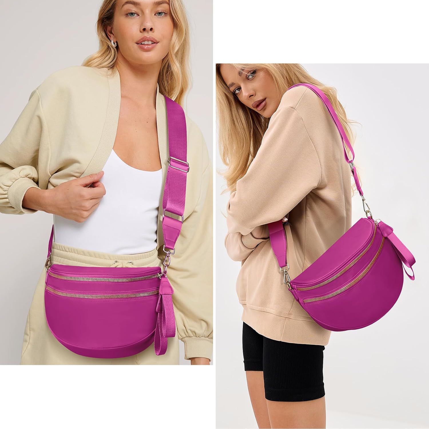 Bum Bags for Women Nylon Crossbody Bag Solid Spacious Cresent Sling Belt Half Moon Purse with Adjustable Strap Trendy Satchel - Image 2