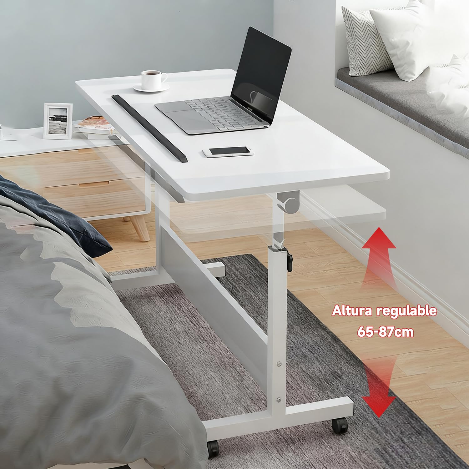 Escritorio Regulable en Altura con Ruedas, Mesas portátiles para Laptop, Escritorio rodante de pie, Pequeño Escritorio para PC para Oficina en casa, 80 x 40 cm