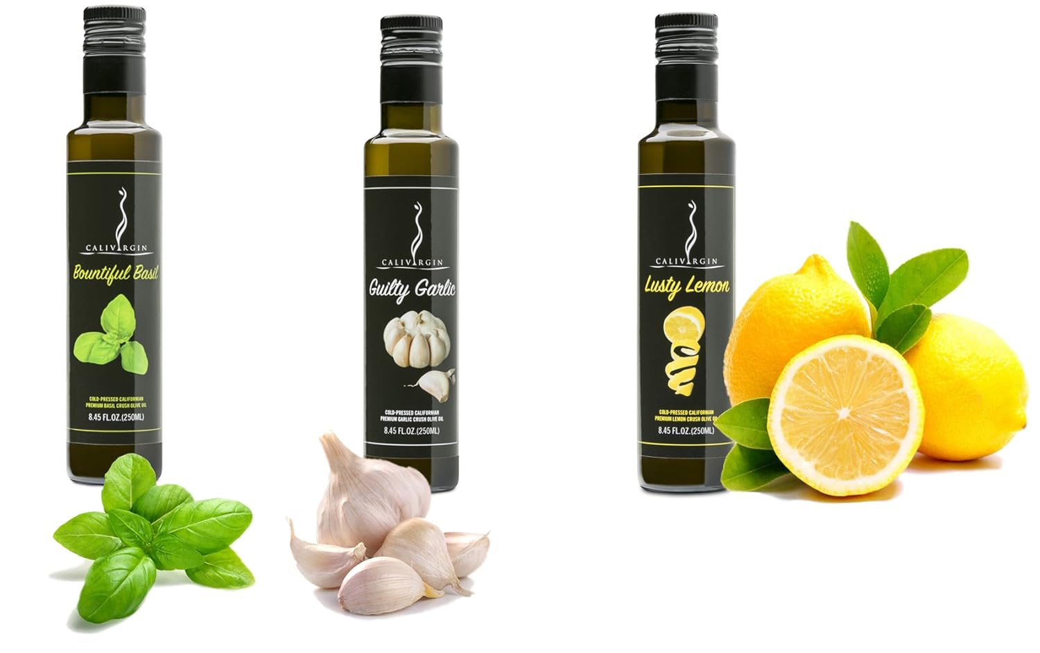 Calivirgin Flavor-Crushed Extra Virgin Olive Oil 3 Pack (Bountiful Basil, Lusty Lemon, Guilty Garlic) - Organically and Sustainably Produced in California - 100% Natural Flavor (8.45 Fl.Oz. Each)