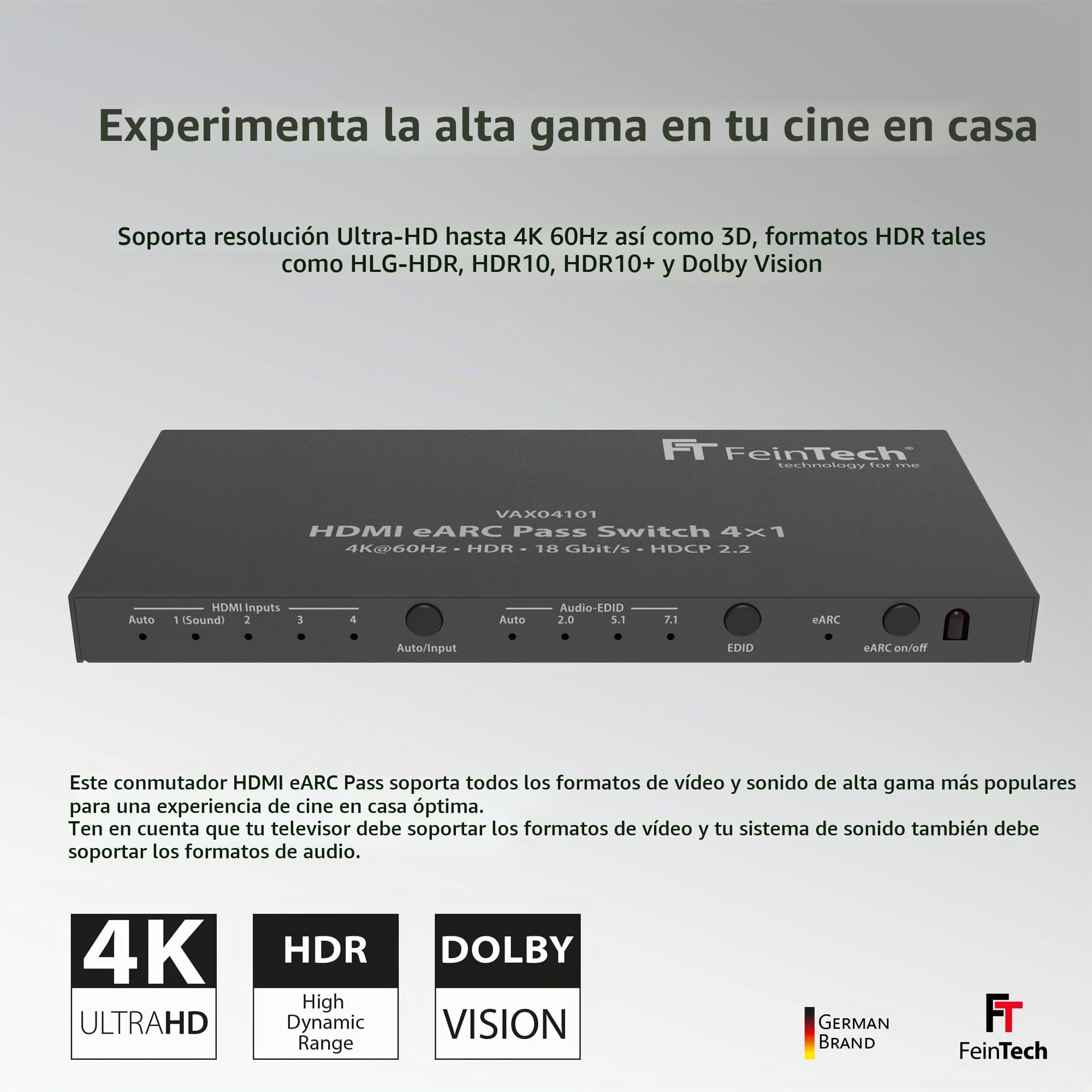 FeinTech VAX04101 HDMI eARC Pass Switch 4x1 para Barra de Sonido y videoproyector o televiso 4K Dolby Atmos
