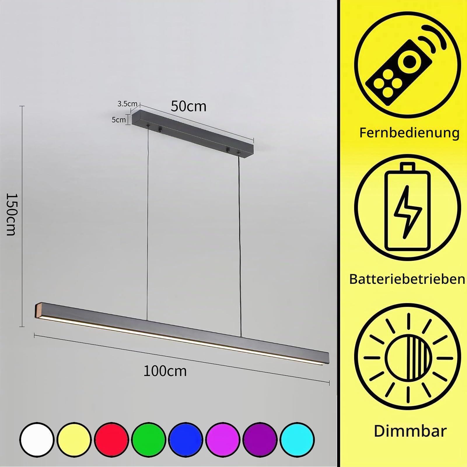Akku Pendelleuchte Aufladbare Hängelampe Mit Batterie,Schwarz Batteriebetriebene Pendelleuchte Mit Fernbedienung Dimmbar Für Nachttisch Schlafzimmer,100cm Hängelampe Ohne Stromanschluss(A)