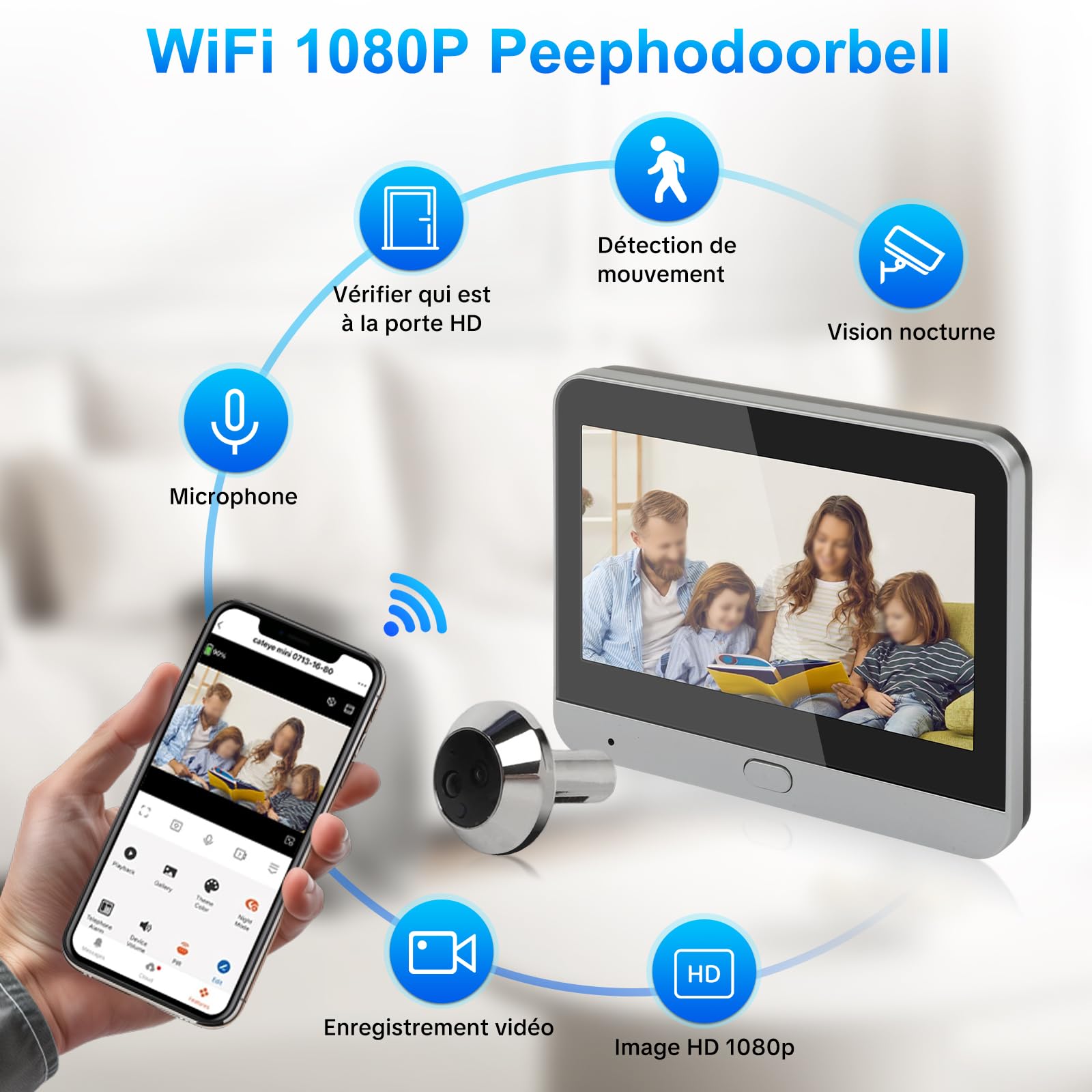 Visiophone Connecté WiFi 2,4 GHz 1080P Caméra 4.3 Pouces Moniteur PIR Vision Nocturne
