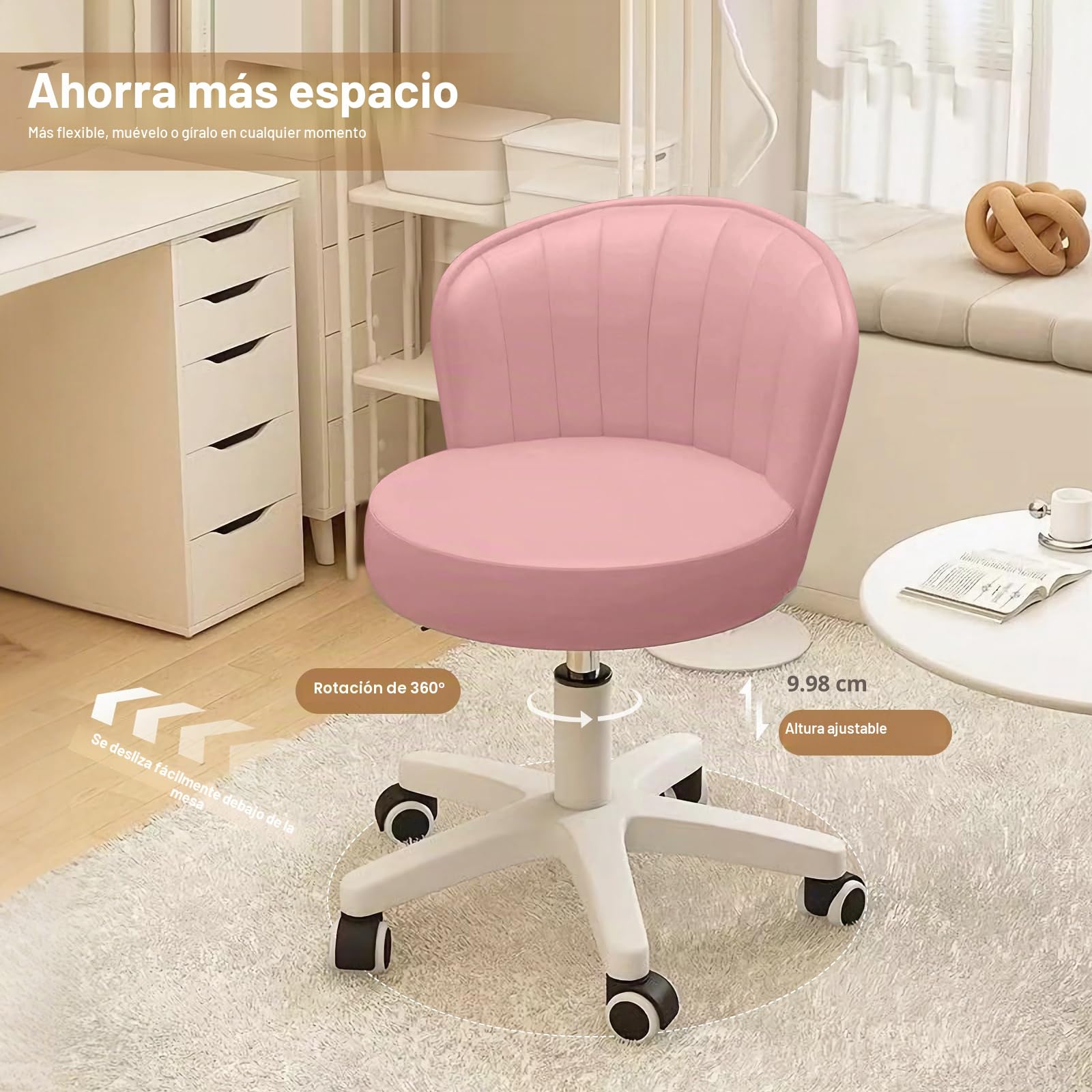 Silla Pequeña Redonda Deslizante para Escritorio Sin Brazos Cómoda Silla de Maquillaje y Computadora con Respaldo Bajo de Cuero PU Ajustable en Altura Giratoria para Trabajo y SPA