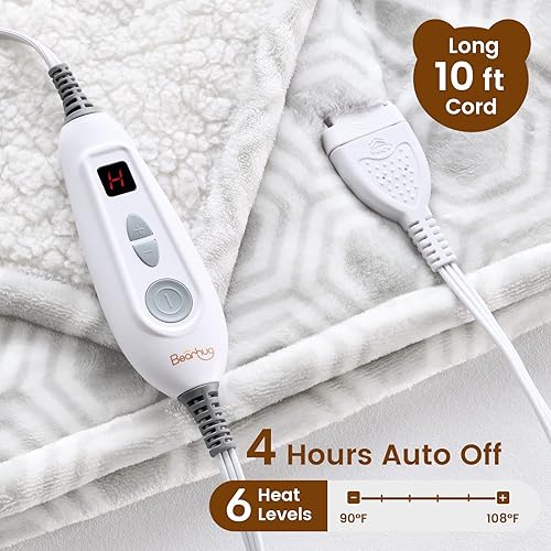Miniatura 10 de Bearhug Manta eléctrica de 50 x 60 pulgadas, manta térmica reversible de terciopelo y sherpa, 6 niveles de calefacción y apagado automático de 4