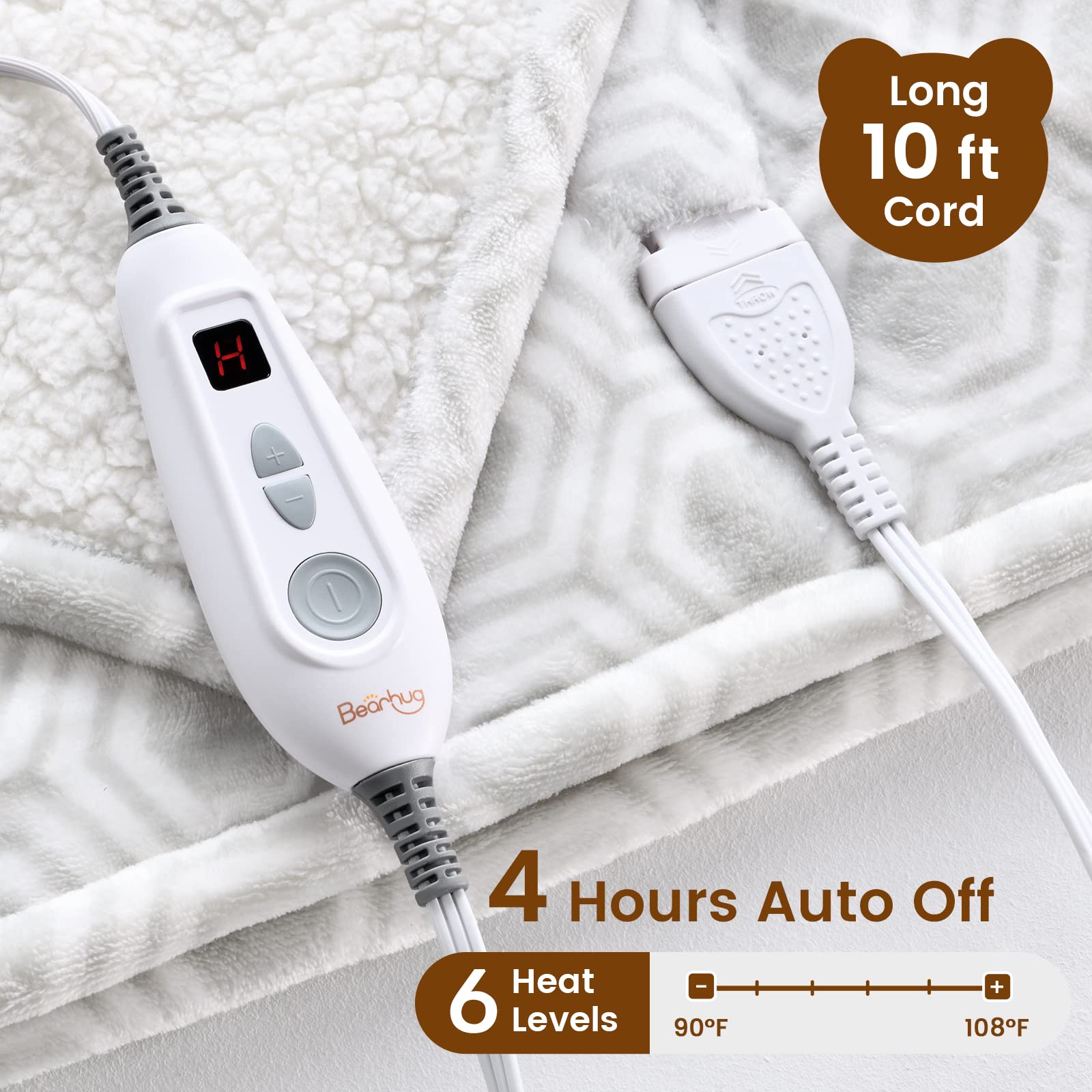Amazon.com: Bearhug Electric Throw Blanket 50 x 60, Reversible Velvet u0026 Sherpa  Heated Throw, 5-Year Warranty, 6 Heating Levels u0026 4H Auto Off, Over-Heat  Protect, ETL Certification, Machine Washable : Home u0026