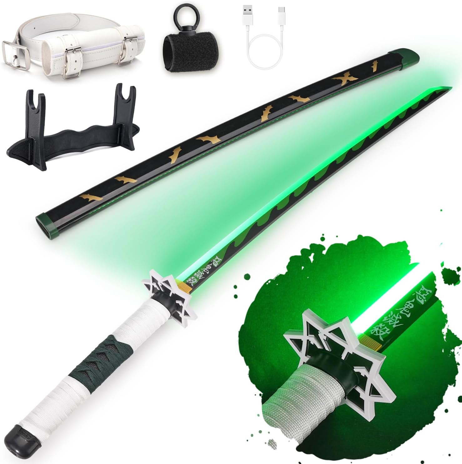 RENGENG Light Up Sword, 40 Inches Rechargeable Plastic Replica with Belt & Stand, Sword with Original Texture Sanemi