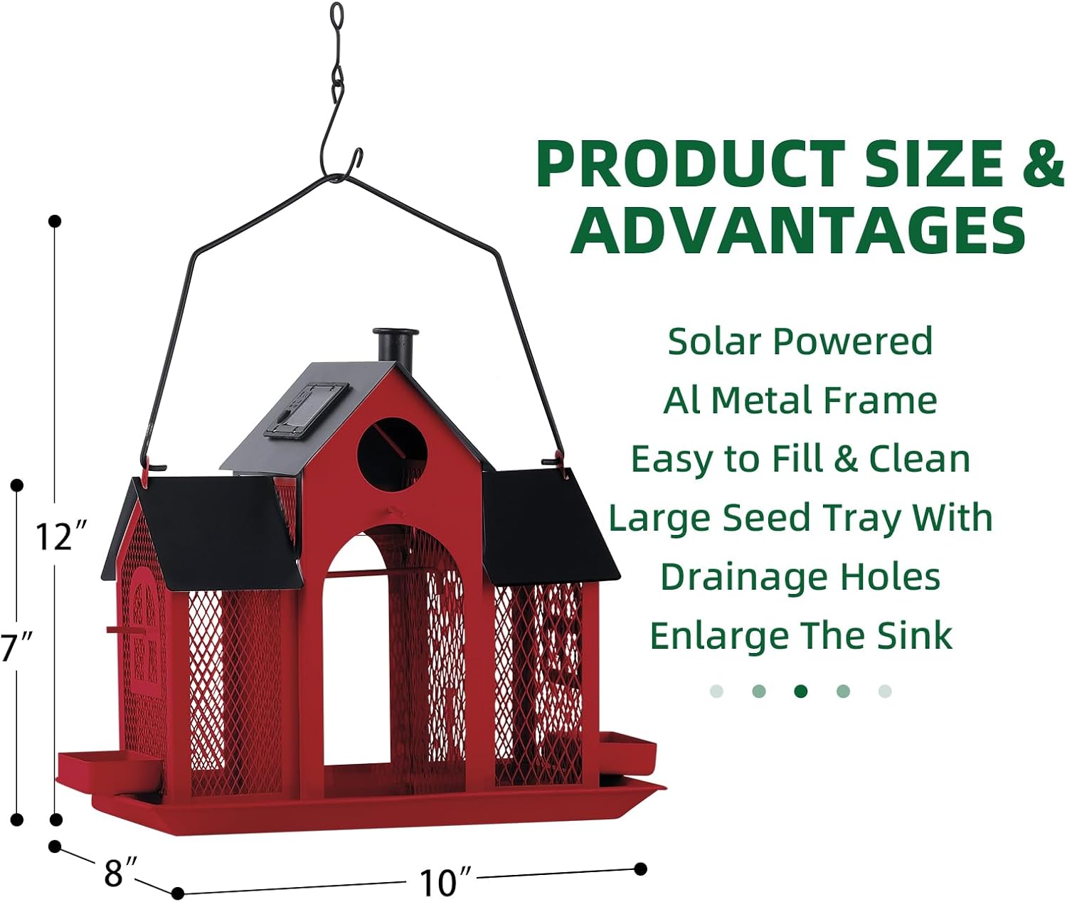 Solar Bird Feeder House for Outside Hanging, Large Capacity Birdhouse Bird Feeders Hanging for Outdoors, Metal Mesh Wild Birdfeeder for Finch Cardinal (Red and Black)