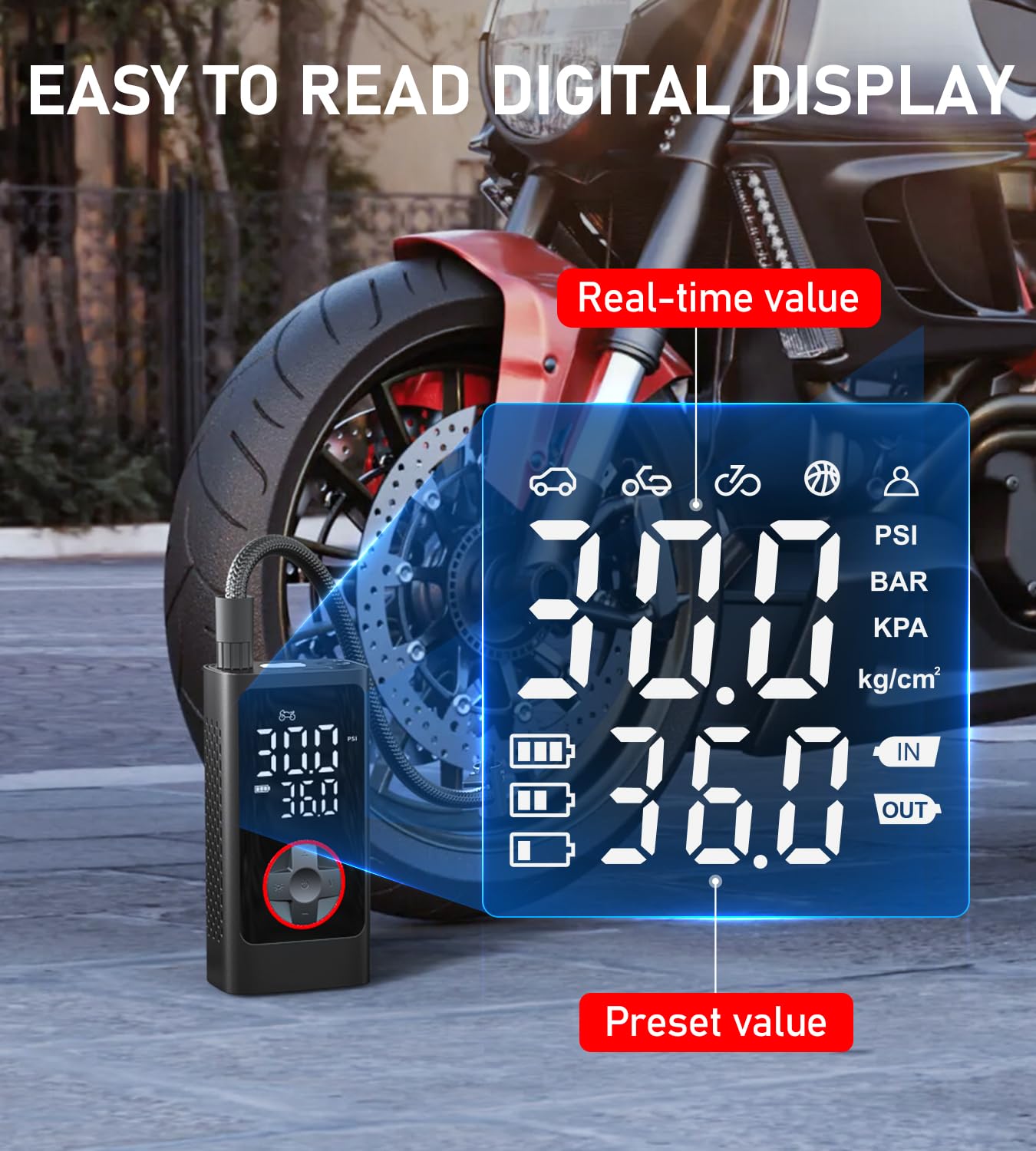 Tire Inflator Portable Air Compressor, 150PSI Cordless Air Pump for Car Tires, Bike Tire Pump with Pressure Gauge, Auto Shut Off, LED Light for Car Motorcycle Bicycle