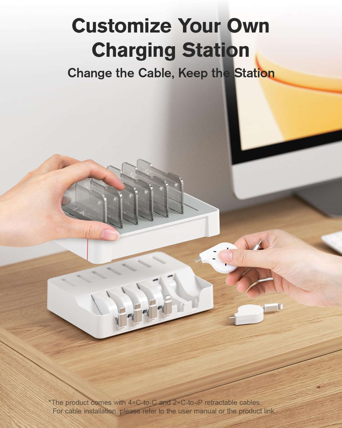 SooPii HomeHub H1, stazione di ricarica da 60 W per più dispositivi con 4 cavi magnetici retrattili da C a C e 2 da C a iP, organizer per caricabatterie per iPhone 17/16, tablet, Samsung, AirPods e