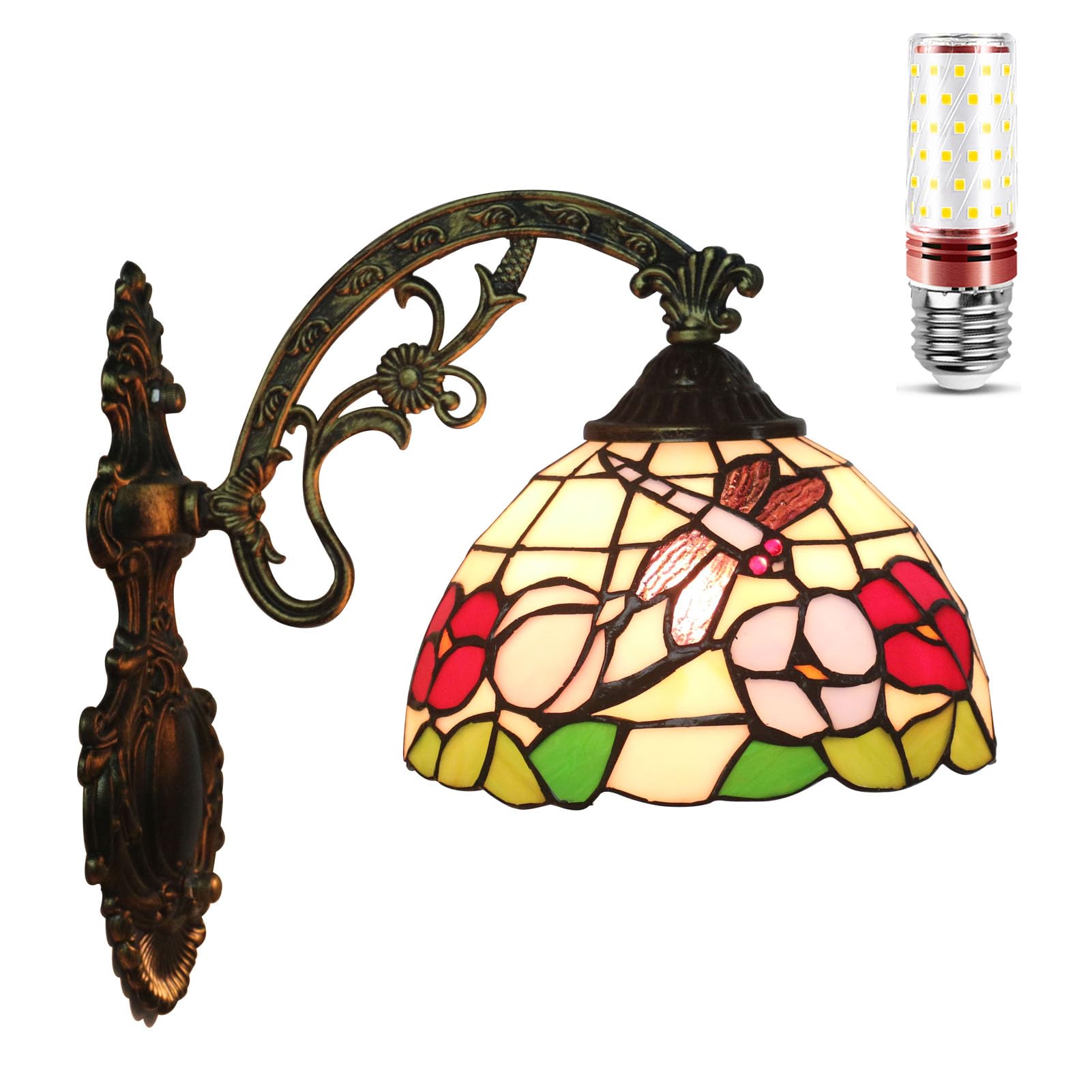 Uziqueif Indoor Wall Lamp, Bedroom Wall Light with Dragonfly Stained Glass Lampshade and Alloy Base, 8 inch Wall Lamps for Living Room Corridor Stairs Hallway Bedside Wall Lights, Dragonfly I