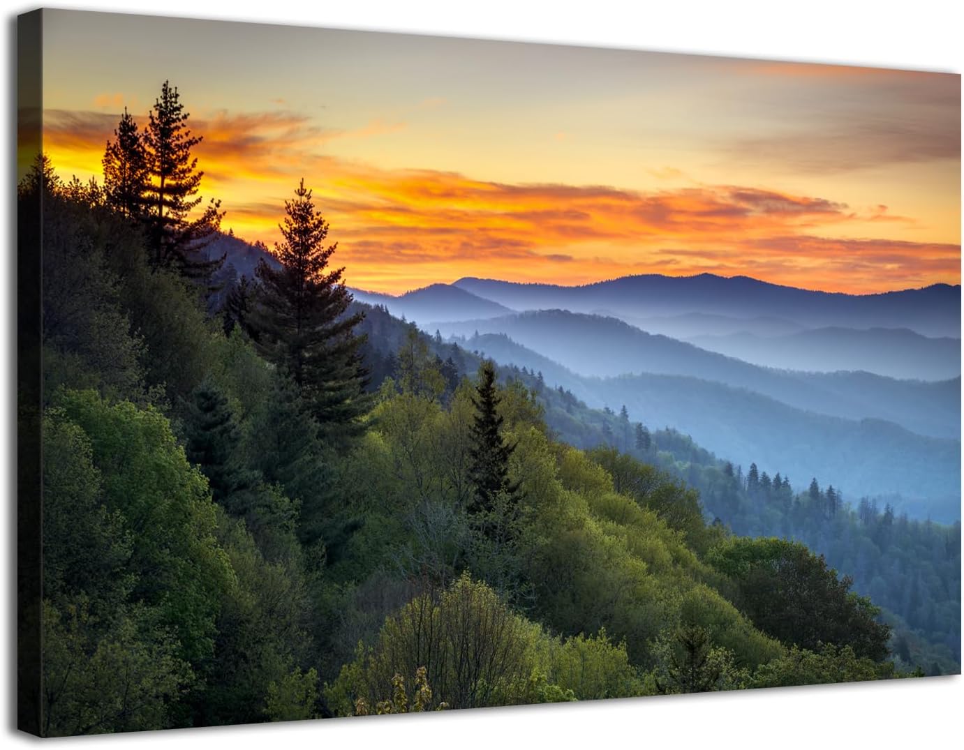 Large Nature Wall Art Great Smoky Mountains Canvas Pictures for Bedroom National Park Foggy Forest Wood Framed Painting Sunrise Photo Artwork Misty Landscape Living Room Dinner Home Decorations 32x48