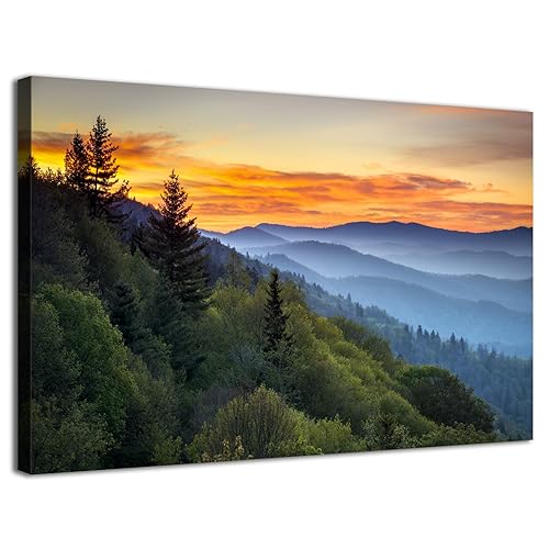 Nature Canvas Wall Art Smoky Mountain Landscape Wall Decor for Living Room Forest Scenery Sunrise Pictures National Park Posters Artwork Tennessee Scenic Painting Office Kitchen Home Decoration 16x24”
