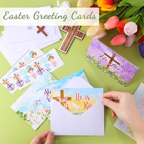 Miniatura 6 de Kolldenn 120 tarjetas de felicitación de Pascua con sobres de 11.8 x 5.9 pulgadas, tarjetas cristianas religiosas con la cruz de Él ha resucitado,