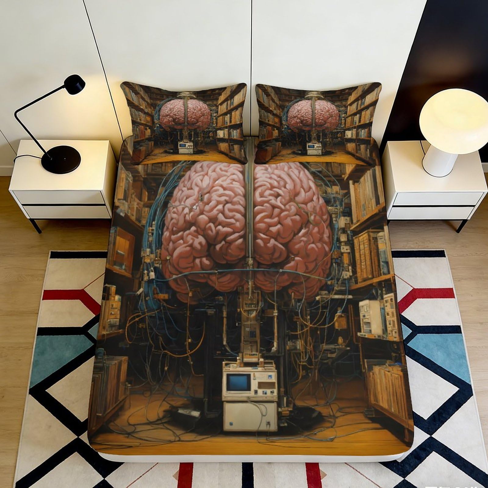 3D Printed Brain Library Fitted Sheet Microfiber Soft Machine Washable Neural Lab Bed Cover for Bedroom Dorm Decor 90x200x25cm