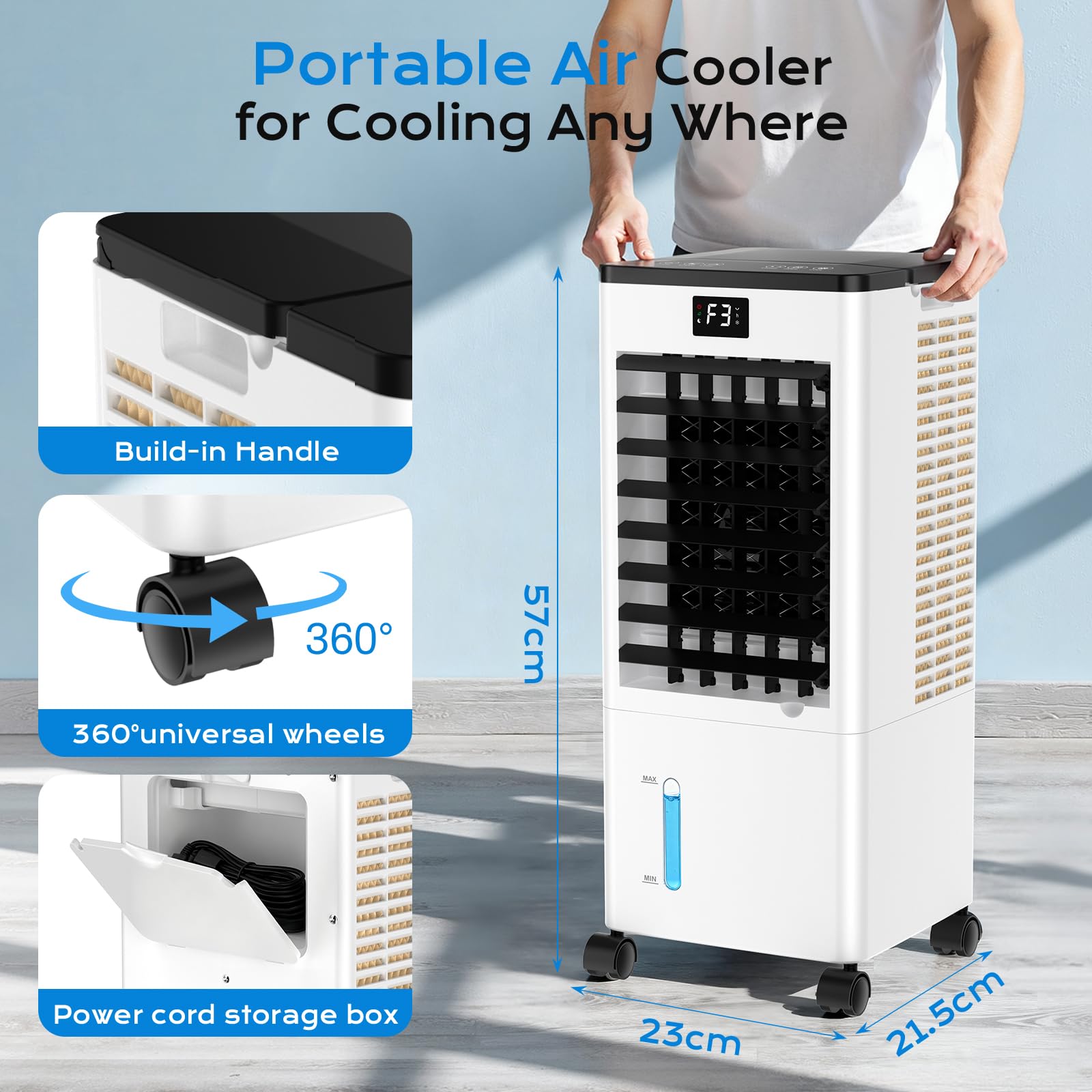 Climatiseur Mobile Silencieux Climatiseur Portable sans Évacuation Rafraîchisseur d'Air avec 2 Coussin d'eau, 12H Minuterie, 60W, 3 Vitesses, 3 Modes, Télécommande pour Chambre, Bureau, Maison