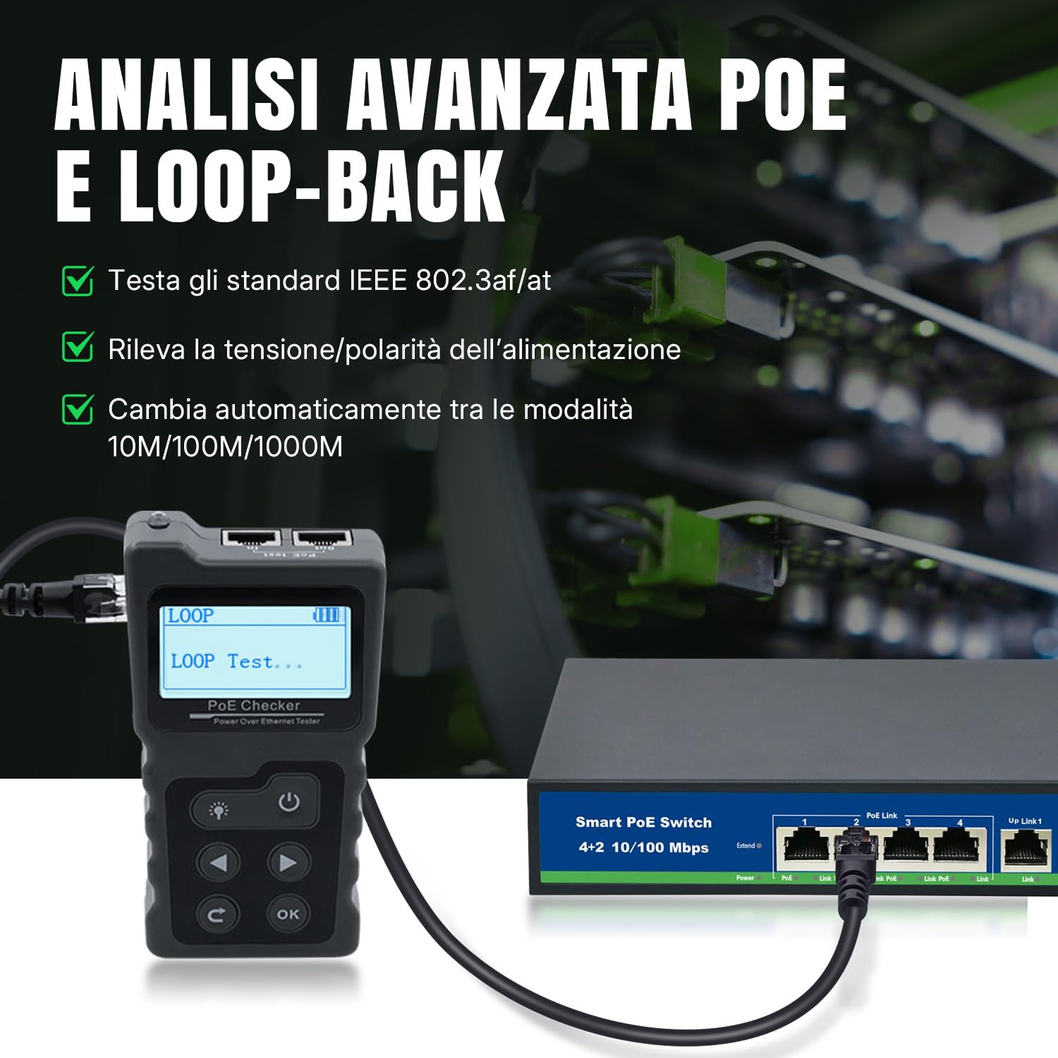 Tolesum Tester Rete RJ45 Con LCD E Funzione POE – Per CAT5/6/6a, Cortocircuito E Loopback