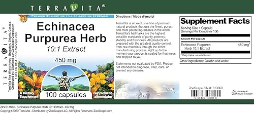 Miniatura 3 de Terravita Echinacea Purpurea Hierba 101 Extracto - 450 mg (100 Cápsulas, ZIN 513860) - Paquete de 3
