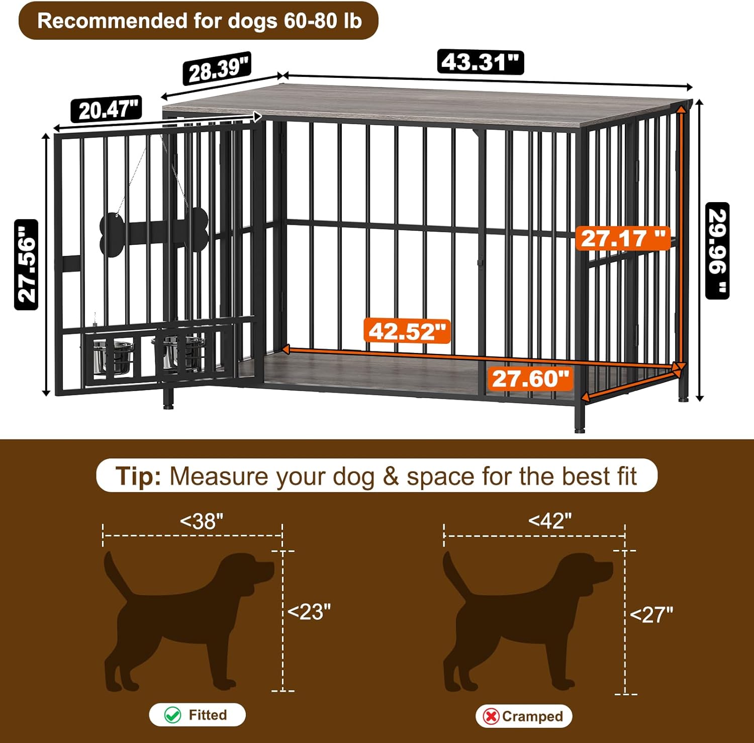 Diagram showing the dimensions of the Easycom dog crate and recommended dog sizes.