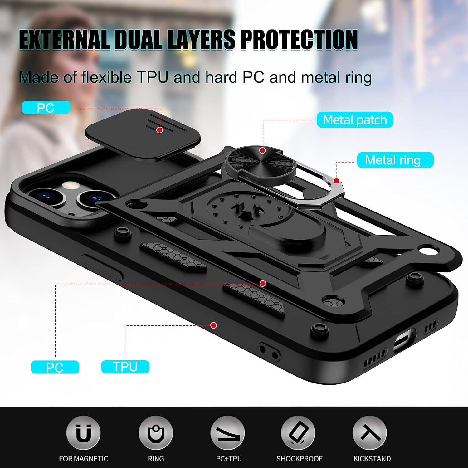 DONWELL for iPhone 13 Pro Max, iPhone 13 Pro Max Phone Case with Magnetic Ring Kickstand and Camera Cover, Military Grade Shockproof Protective Case for iPhone 13 Pro Max 6.1inch-Brown