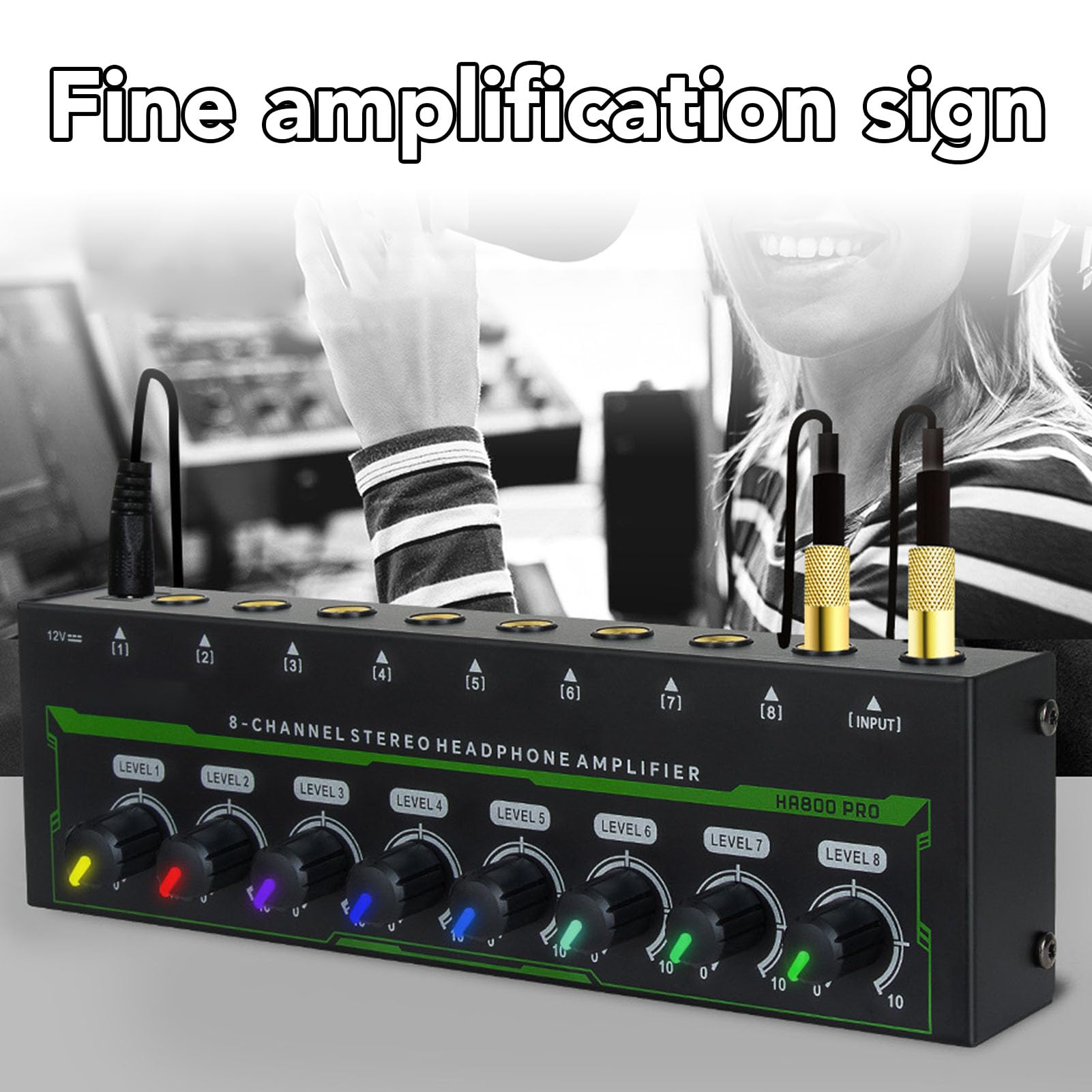 VBESTLIFE Headphone Amplifier, 8 Channel Metal Stereo Audio Amplifier, Mini Earphone Splitter, Portable Stereo Amplifier with RGB Light for Sound Mixer (US Plug 100-240V)