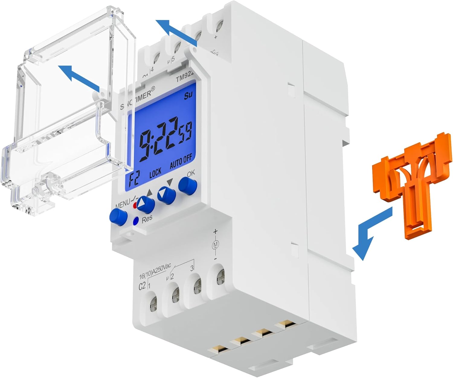 SINOTIMER TM922 Digital Timer Switch showing removable DIN rail clip