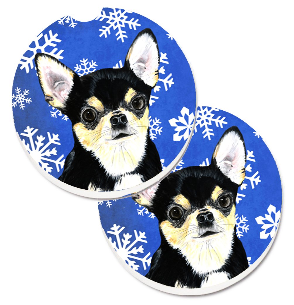 Caroline's Treasures SC9399CARC Chihuahua Winter Snowflakes Holiday Set of 2 Cup Holder Car Coasters Absorbent Sandstone Coasters for Car Cup Holders