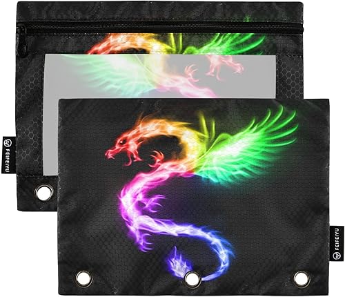 Estuche para lápices con 3 anillos, diseño de arco iris, alas de fuego, dragón, cremallera, estuche para lápices, paquete de 2 unidades, organizador