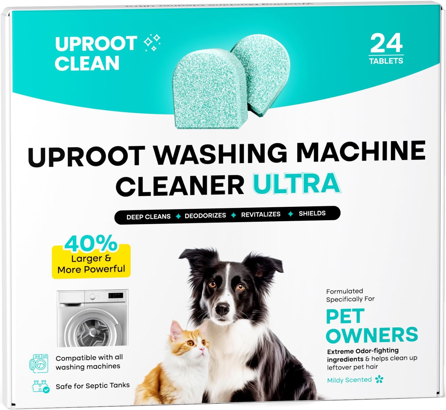 Uproot Clean Washing Machine Cleaner Tablets Ultra - 40% Stronger Formula: Designed for Pet Owners, Remove Residue, Grime & Odors, Compatible with HE, Top & Front Load, 24 Pack - 12 Month Supply