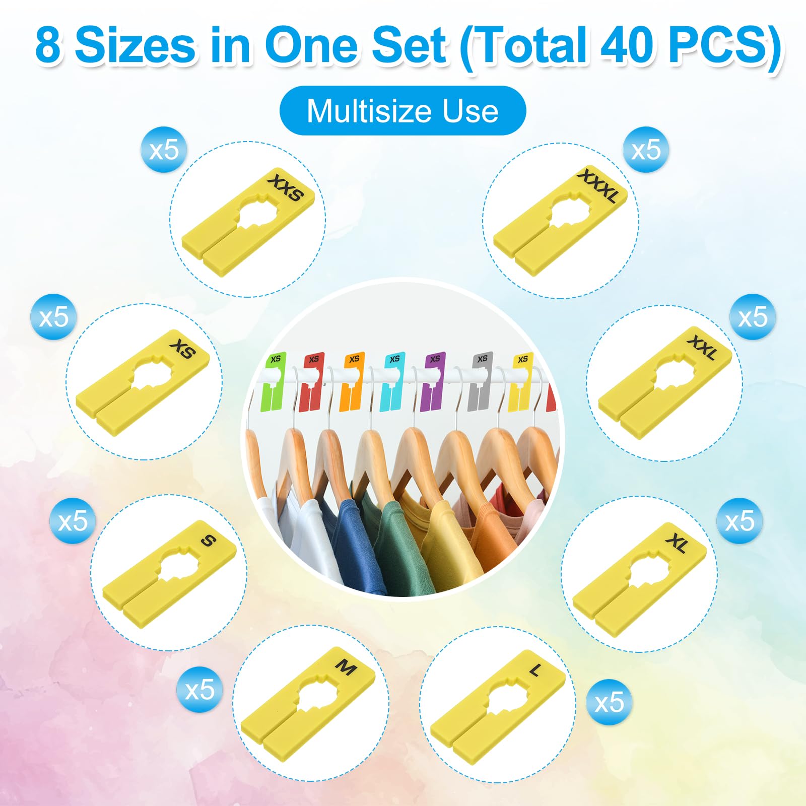 PATIKIL Clothes Dividers for Hanging Clothes, 40 Pack 8 Sizes Rectangle Pre-written Clothing Rack Dividers Size Mark Label Sorting Separator for Closet, Yellow - Image 3